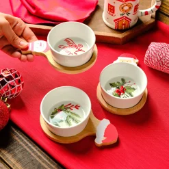 Karaca New Year Christmas 3-Piece Bamboo Santa Claus Snack Bowl, Multi