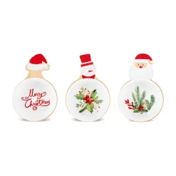 Karaca New Year Christmas 3-Piece Bamboo Santa Claus Snack Bowl, Multi