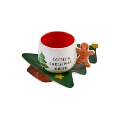 Karaca New Year Christmas 2-Piece Porcelain Tea Cup and Saucer Set, 180ml, White Green