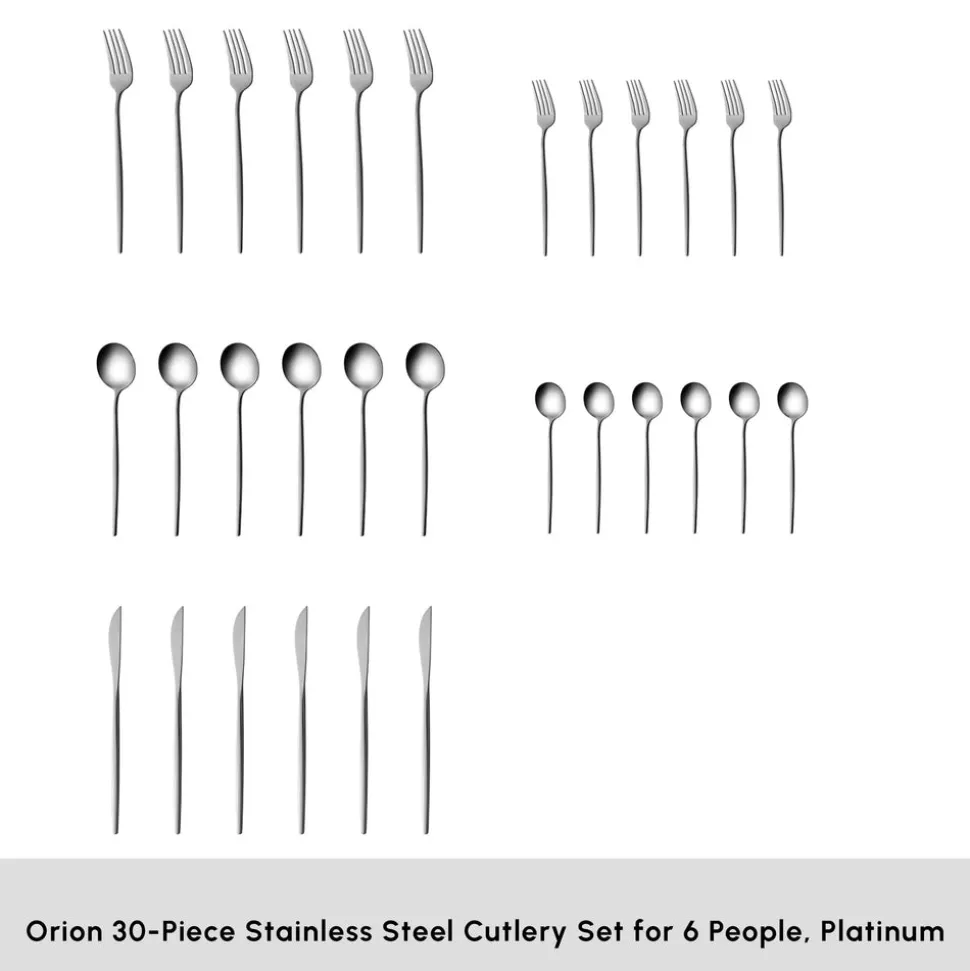 Karaca Orion 30-Piece Stainless Steel Cutlery Set for 6 People, Platinum