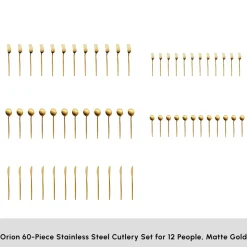 Karaca Orion 60-Piece Stainless Steel Cutlery Set for 12 People, Matte Gold