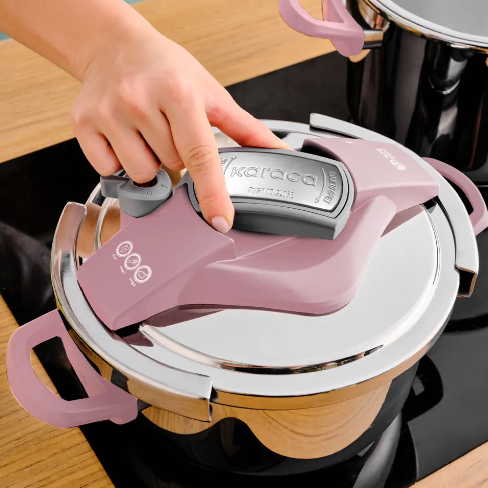 Karaca Perfect 2-Piece Stainless Steel Induction Pressure Cooker Set, 4L+6L, Pink Silver