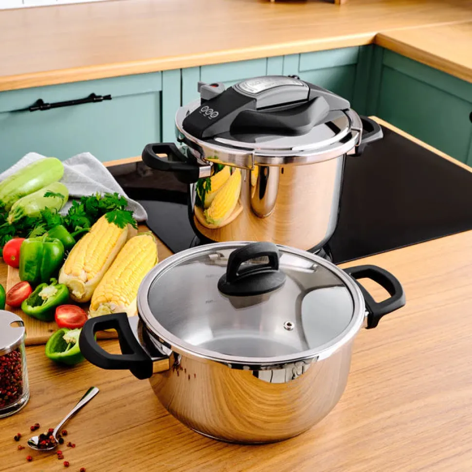 Karaca Perfect 2-Piece Stainless Steel Induction Pressure Cooker Set, 4L+6L, Black Silver