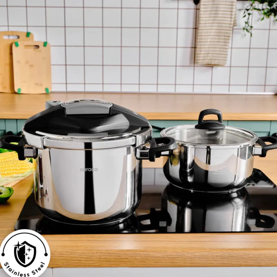 Karaca Perfect 2-Piece Stainless Steel Induction Pressure Cooker Set, 4L+6L, Black Silver