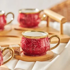 Karaca 12-Piece Bone China Espresso Turkish Coffee Cup Set with Bamboo Tray for 6 People, 90ml, Red Multi