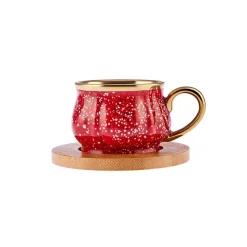 Karaca 12-Piece Bone China Espresso Turkish Coffee Cup Set with Bamboo Tray for 6 People, 90ml, Red Multi