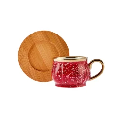 Karaca 12-Piece Bone China Espresso Turkish Coffee Cup Set with Bamboo Tray for 6 People, 90ml, Red Multi