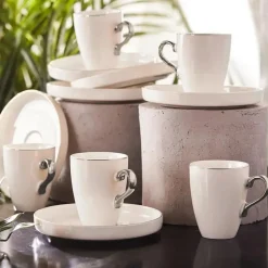 Karaca Pippo 12 Piece Porcelain Espresso Turkish Coffee Cup Set for 6 People, 75ml, White Silver