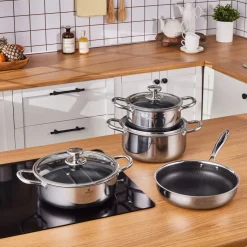 Karaca 3Ply Stainless Steel Guardian 7-Piece Non-Stick Induction Cookware Set, Silver