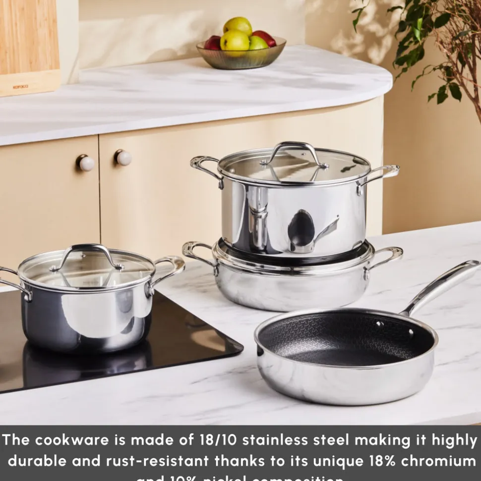 Karaca 3Ply Stainless Steel Sparkle 7-Piece Non-Stick Induction Cookware Set, Silver