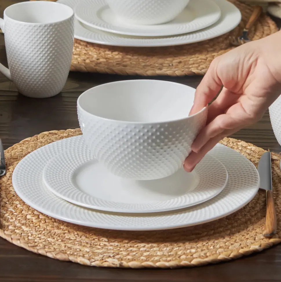 Karaca Punto Embossed 16-Piece Bone China Dinner Set for 4 People, White
