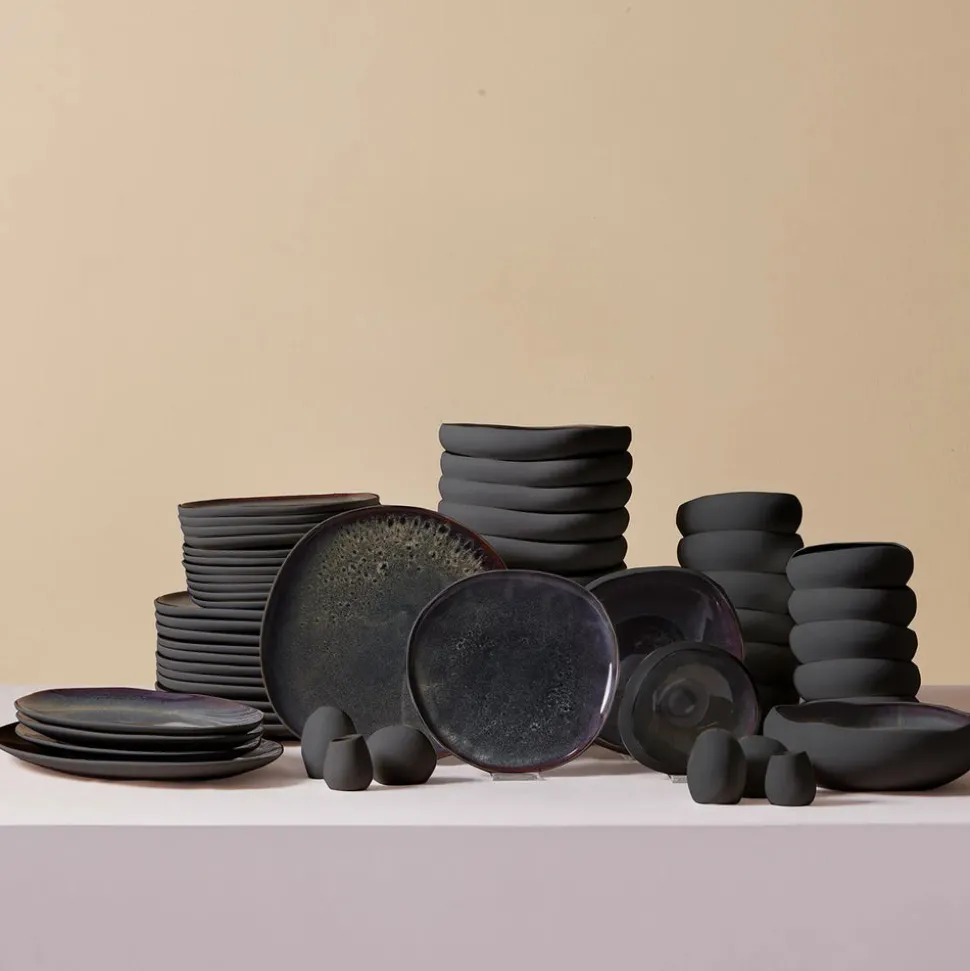Karaca Red Carpet Collection Earth Collection New Galactic Reactive Glaze 59-Piece Dinner Set for 12 People, Black