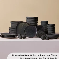 Karaca Red Carpet Collection Earth Collection New Galactic Reactive Glaze 59-Piece Dinner Set for 12 People, Black