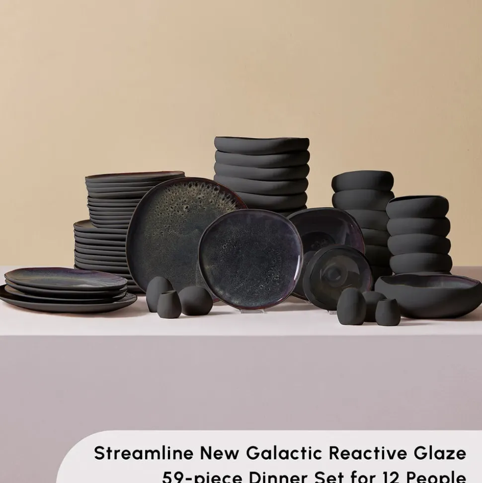 Karaca Red Carpet Collection Earth Collection New Galactic Reactive Glaze 59-Piece Dinner Set for 12 People, Black