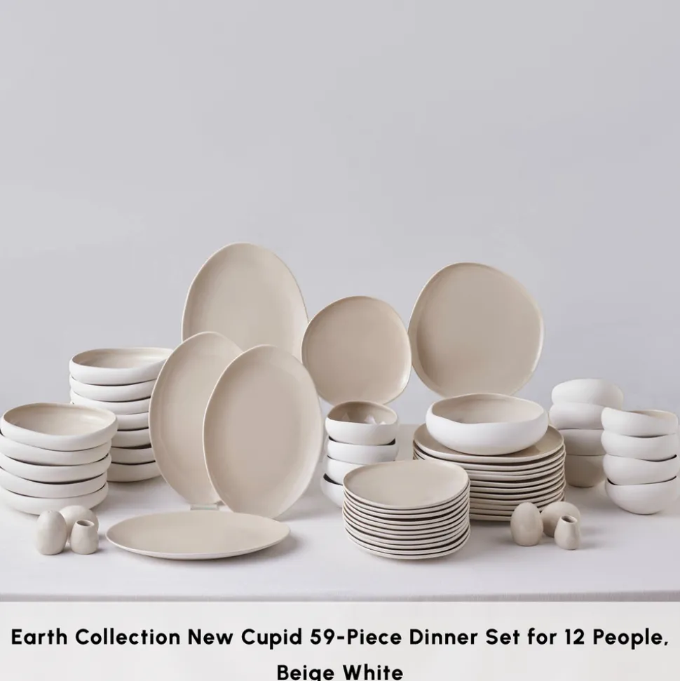 Karaca Red Carpet Collection Earth Collection New Cupid 59-Piece Dinner Set for 12 People, Beige White