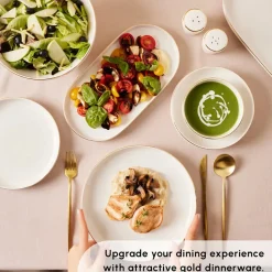 Karaca Red Carpet Collection Stream Bone China New Saturn 59-Piece Dinner Set for 12 People, White Gold