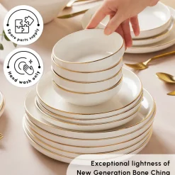 Karaca Red Carpet Collection Stream Bone China New Saturn 59-Piece Dinner Set for 12 People, White Gold
