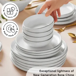 Karaca Red Carpet Collection Stream Bone China New Saturn 59-Piece Dinner Set for 12 People, White Platinum