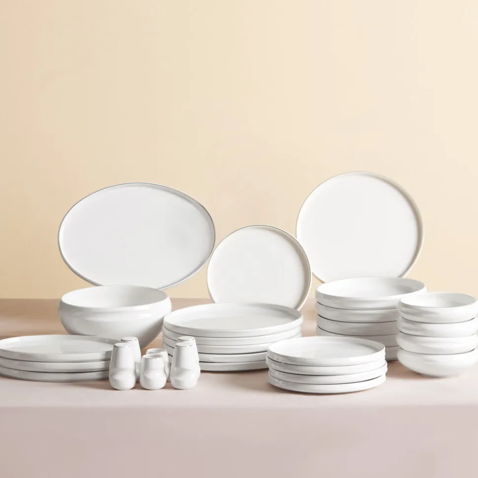 Karaca Red Carpet Collection Stream Bone China New Sunset 59-Piece Dinner Set for 12 People, Platinum White