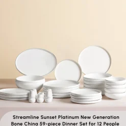 Karaca Red Carpet Collection Stream Bone China New Sunset 59-Piece Dinner Set for 12 People, Platinum White