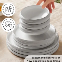 Karaca Red Carpet Collection Stream Bone China New Sunset 59-Piece Dinner Set for 12 People, Platinum White