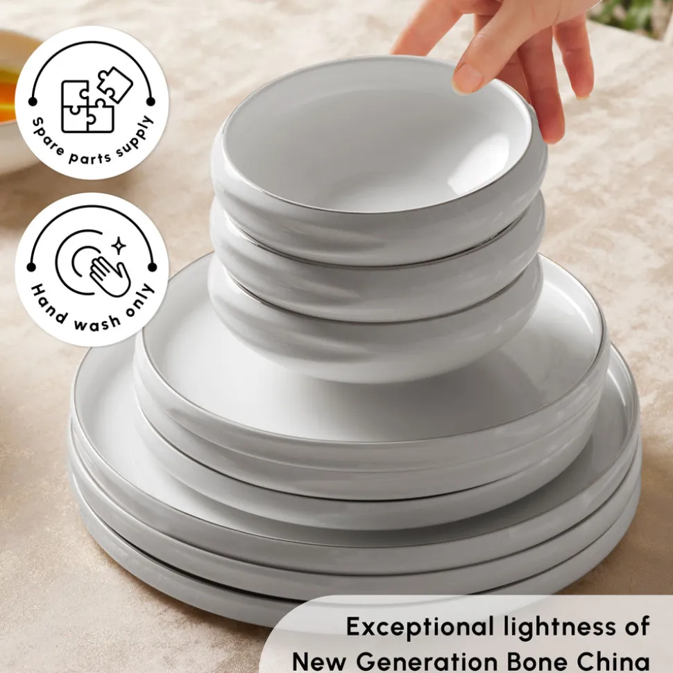 Karaca Red Carpet Collection Stream Bone China New Sunset 59-Piece Dinner Set for 12 People, Platinum White