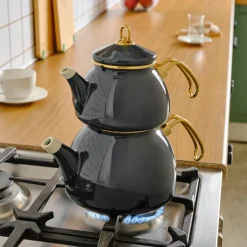 Karaca Retro Enamel Induction Teapot Set, Anthracite