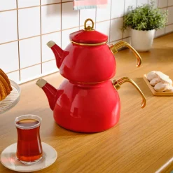 Karaca Retro Enamel Induction Teapot Set, Red