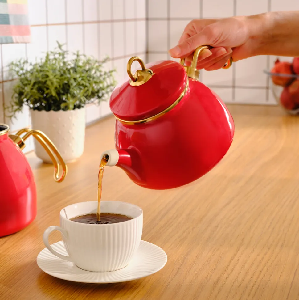 Karaca Retro Enamel Induction Teapot Set, Red