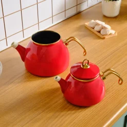 Karaca Retro Enamel Induction Teapot Set, Red
