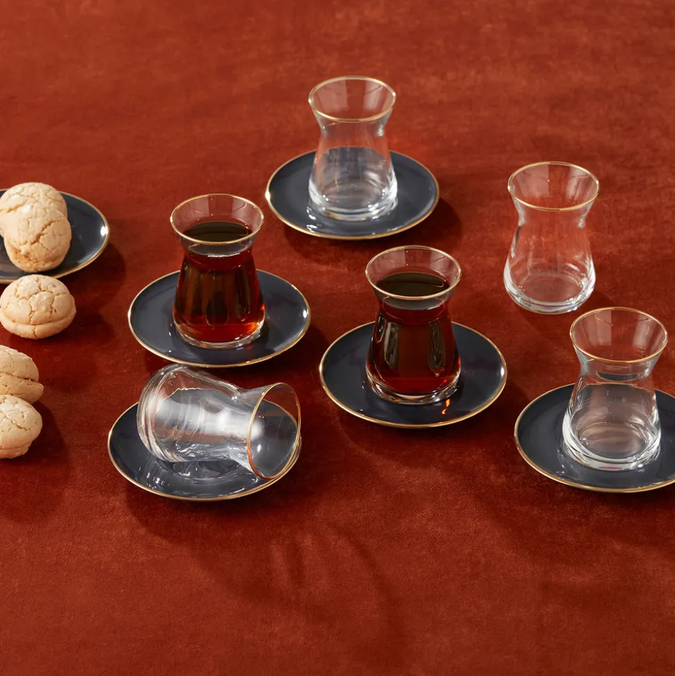 Karaca Retro 12-Piece Glass Turkish Tea Set for 6 People, 132ml, Anthracite Gold