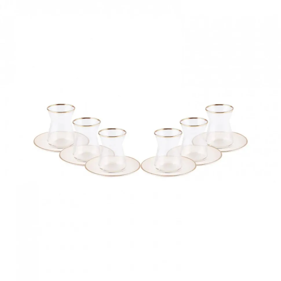 Karaca Retro 12 Piece Glass Turkish Tea Set for 6 People, 132ml, Beige Gold