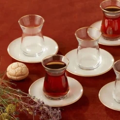 Karaca Retro 12 Piece Glass Turkish Tea Set for 6 People, 132ml, Beige Gold