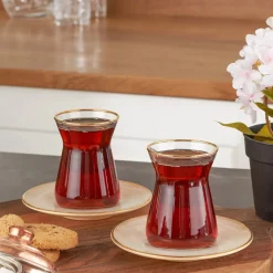 Karaca Retro 12 Piece Glass Turkish Tea Set for 6 People, 132ml, Beige Gold