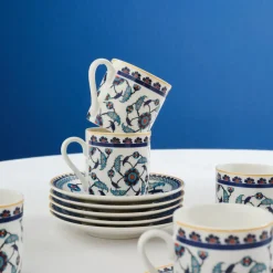 Karaca Rumi 12-Piece Bone China Turkish Coffee Cup Set for 6 People, 80ml, Multi