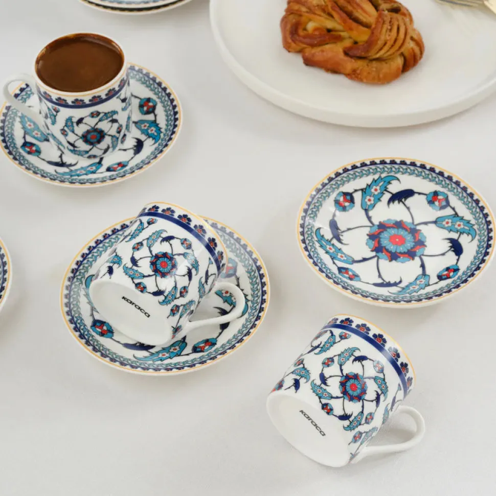 Karaca Rumi 12-Piece Bone China Turkish Coffee Cup Set for 6 People, 80ml, Multi