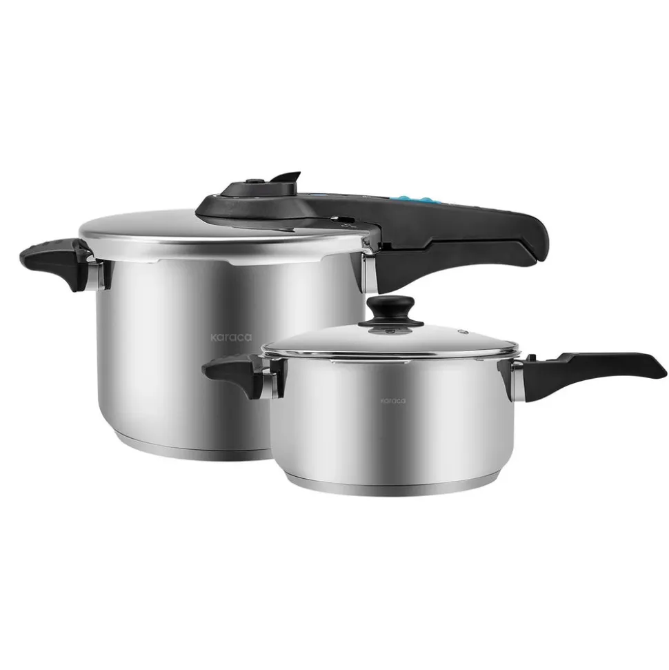 Karaca Saga 2-Piece Stainless Steel Induction Pressure Cooker Set, 4L+6L, Black