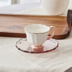 Karaca Samo 4-Piece Bone China Acrylic Plated Espresso Turkish Coffee Cup Set for 2 People, 90ml, Pink Multi