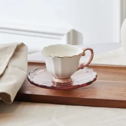 Karaca Samo 4-Piece Bone China Acrylic Plated Espresso Turkish Coffee Cup Set for 2 People, 90ml, Pink Multi