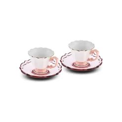 Karaca Samo 4-Piece Bone China Acrylic Plated Espresso Turkish Coffee Cup Set for 2 People, 90ml, Pink Multi