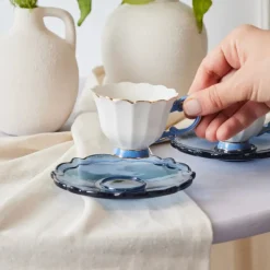 Karaca Samo 4-Piece Bone China Acrylic Plated Espresso Turkish Coffee Cup Set for 2 People, 90ml, Navy Blue Multi
