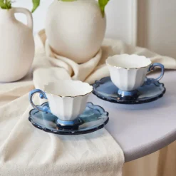 Karaca Samo 4-Piece Bone China Acrylic Plated Espresso Turkish Coffee Cup Set for 2 People, 90ml, Navy Blue Multi