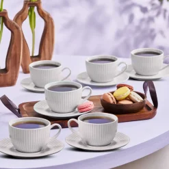Karaca Seashell 12-Piece Porcelain Tea Cup and Saucer Set for 6 People, 200ml, Light Grey
