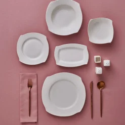 Karaca Square Bone China Fancy Embossed 53-Piece Porcelain Dinner Set for 12 People, White