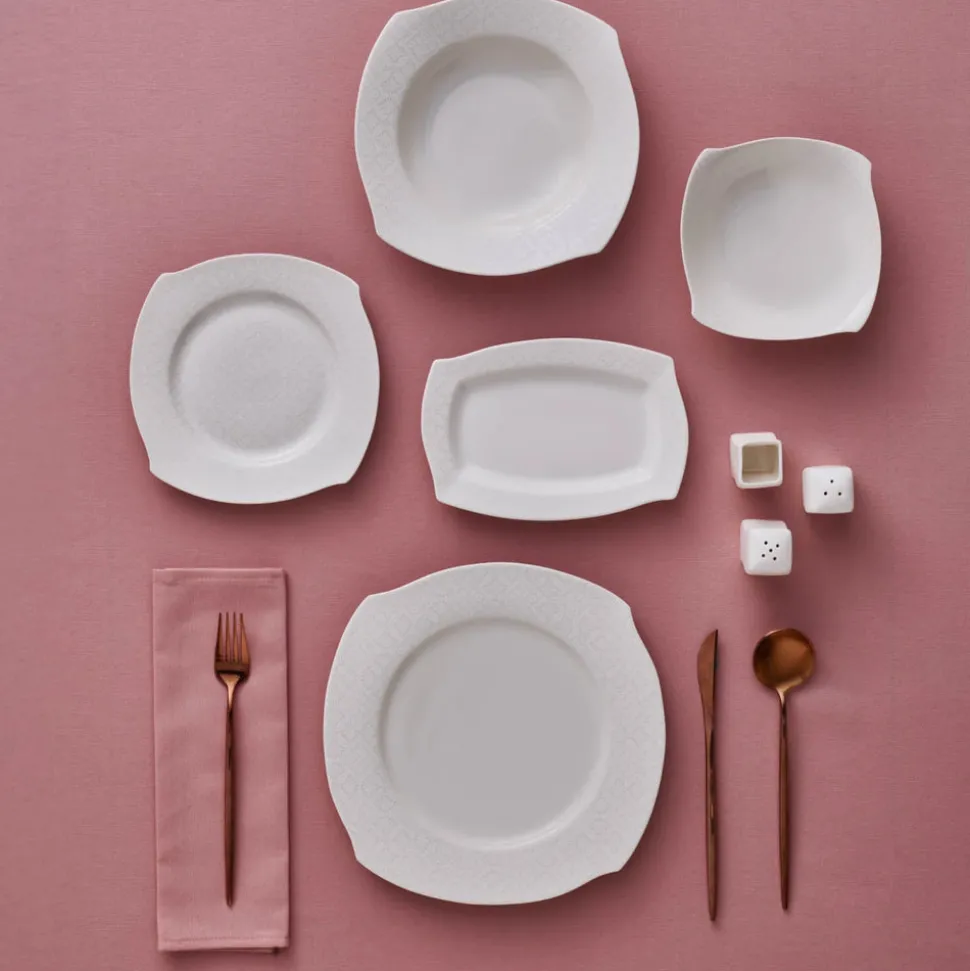 Karaca Square Bone China Fancy Embossed 53-Piece Porcelain Dinner Set for 12 People, White