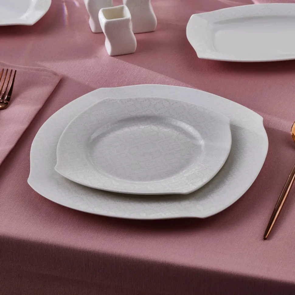 Karaca Square Bone China Fancy Embossed 53-Piece Porcelain Dinner Set for 12 People, White
