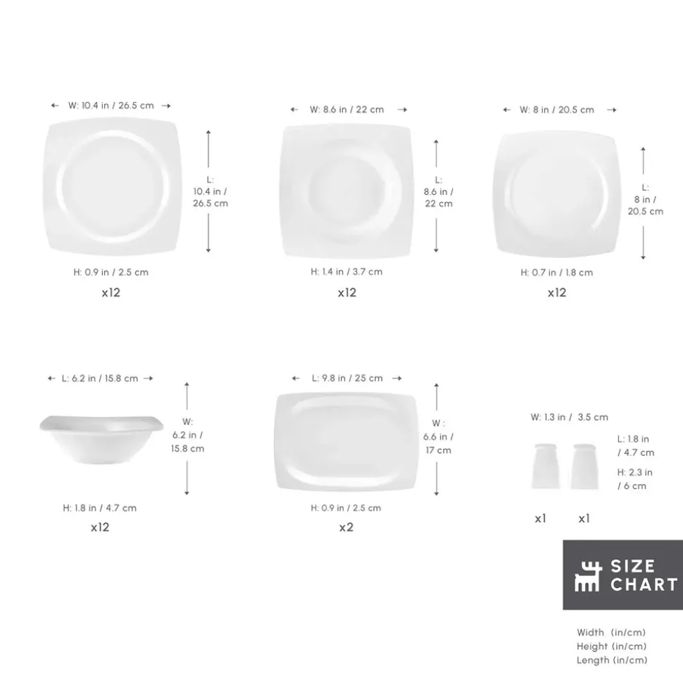 Karaca Square Bone China Jamie 52-Piece Dinner Set for 12 People, White