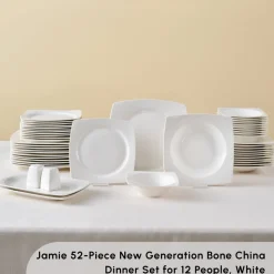 Karaca Square Bone China Jamie 52-Piece Dinner Set for 12 People, White