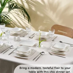 Karaca Square Bone China Jamie 52-Piece Dinner Set for 12 People, White