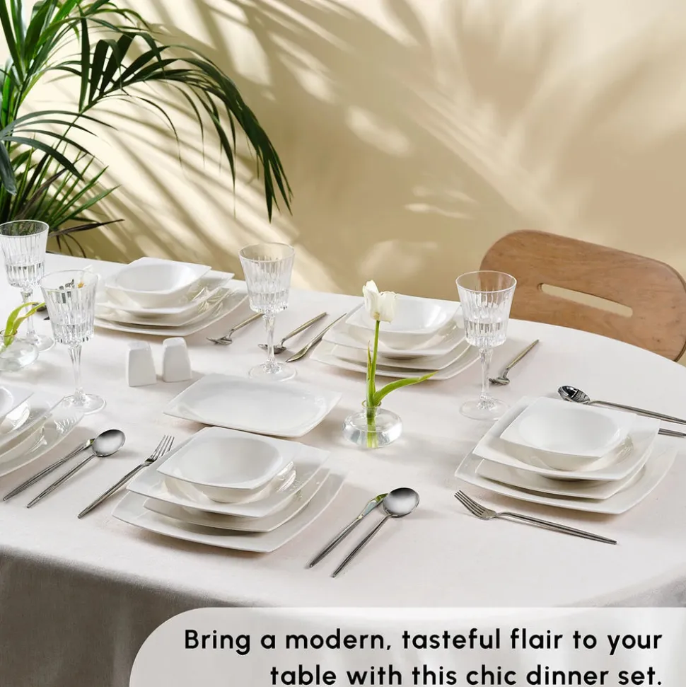 Karaca Square Bone China Jamie 52-Piece Dinner Set for 12 People, White